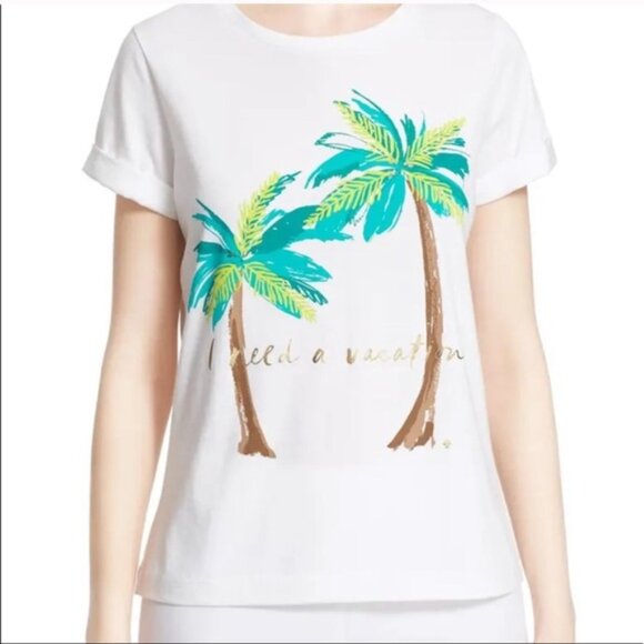 Kate Spade "I need a vacation" Palm Tree Leaves Cotton Casual T-shirt Top - Picture 2 of 9